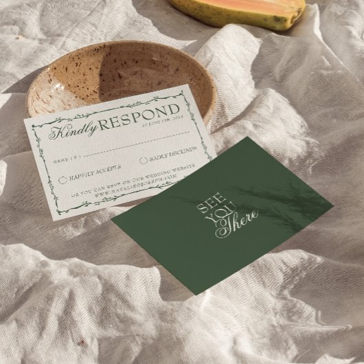 Emerald Green Branches Boho Old Money Wedding RSVP Kaartje
