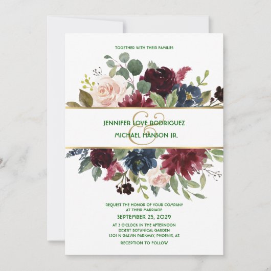 Emerald Green Burgundy Navy Gold Floral Wedding Kaart (Voorkant)
