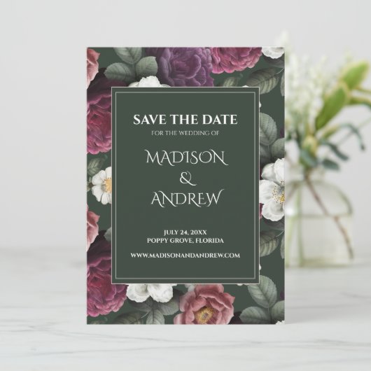 Emerald Green Burgundy Peonies Save the Date Kaart (Staand voorkant)