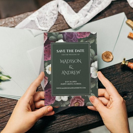 Emerald Green Burgundy Peonies Save the Date Kaart