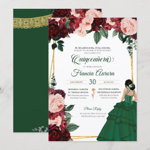 Emerald Green & Burgundy Pink Floral Quinceanera Kaart