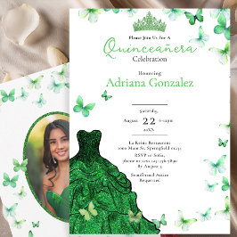 Emerald Green Butterflies Dress Photo Quinceanera Kaart