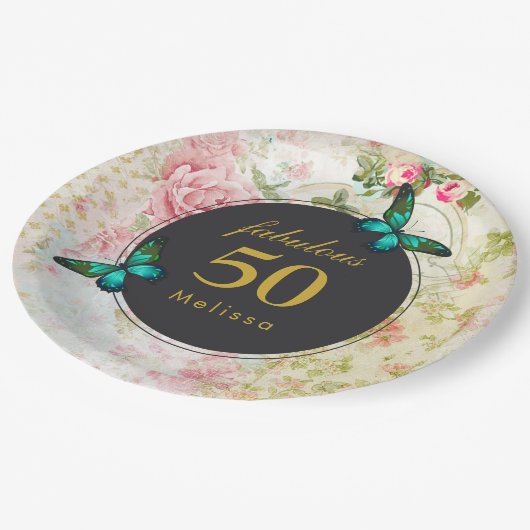 Emerald Green Butterflies op Shabby Pattern Papieren Bordje (Gekanteld)