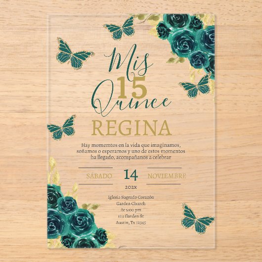 Emerald Green Butterflies Quinceañera Acryl Uitnodigingen (Voorkant)
