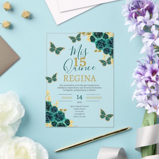 Emerald Green Butterflies Quinceañera Acryl Uitnodigingen (Insitu (Huwelijk))