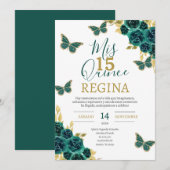 Emerald Green Butterflies Quinceañera Kaart (Voorkant / Achterkant)