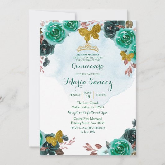 Emerald Green Butterfly Charra Mis Quince Kaart (Voorkant)