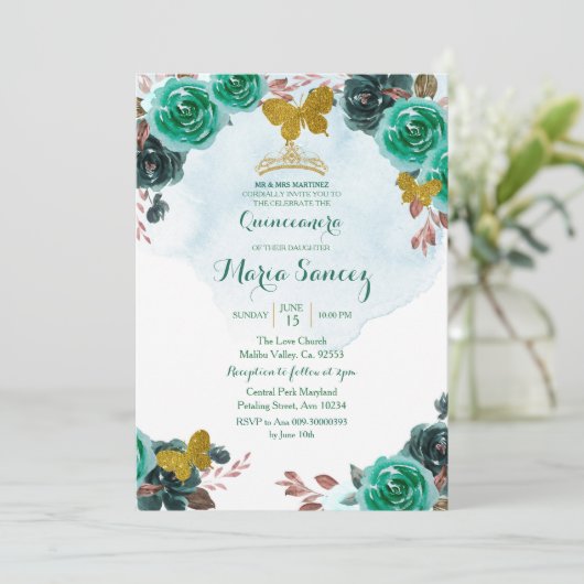 Emerald Green Butterfly Charra Mis Quince Kaart (Staand voorkant)