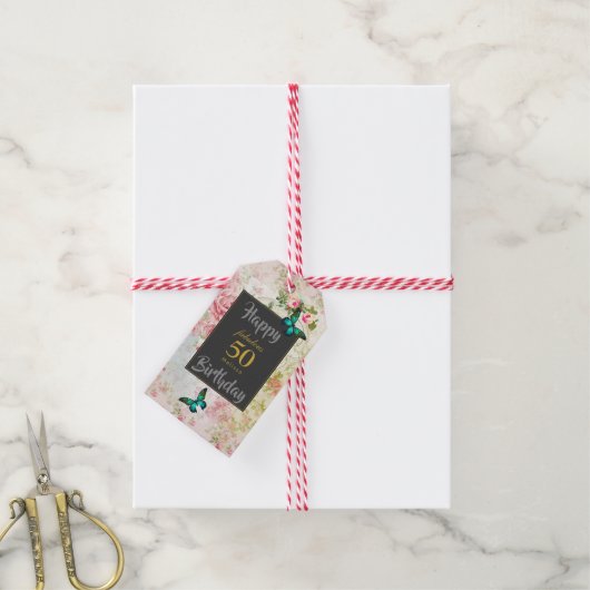 Emerald Green Butterfly op Chic  Collage Cadeaulabel (Met Touw)