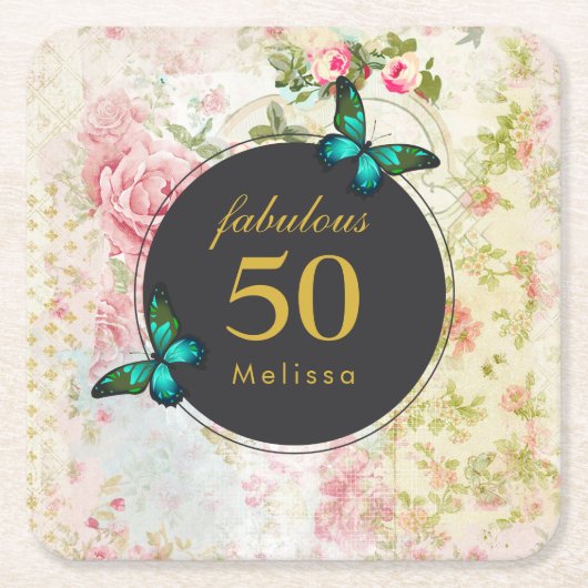 Emerald Green Butterfly op Chic  Collage Kartonnen Onderzetters (Voorkant)