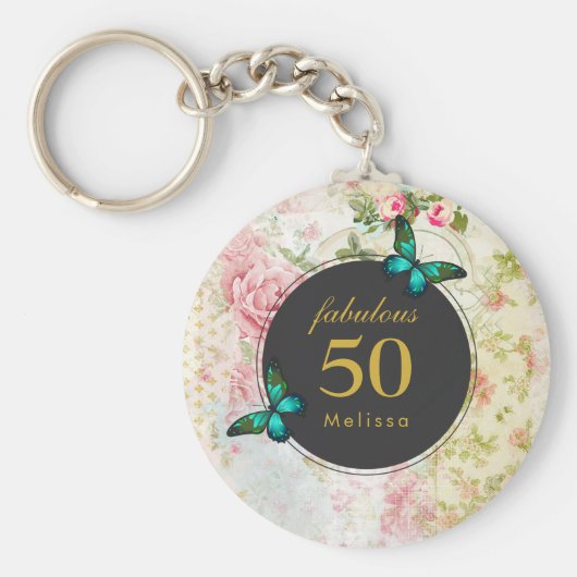 Emerald Green Butterfly op Chic  Collage Sleutelhanger (Voorkant)