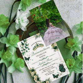 Emerald Green Butterfly Quinceañera Photo Invite Kaart