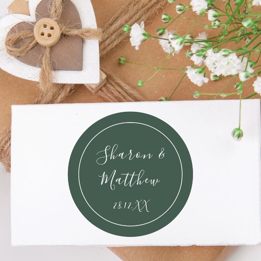 Emerald Green Calligraphy Script Wedding Favor Ronde Sticker