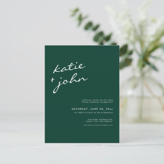 Emerald Green Calligraphy Virtual Wedding Uitnodiging Briefkaart (Staand voorkant)
