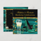 Emerald Green Champagne Heels Birthday Party Kaart (Voorkant / Achterkant)