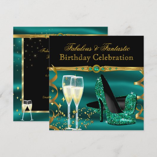 Emerald Green Champagne Heels Birthday Party Kaart (Voorkant / Achterkant)