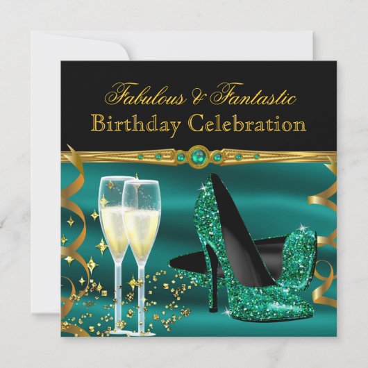 Emerald Green Champagne Heels Birthday Party Kaart (Voorkant)