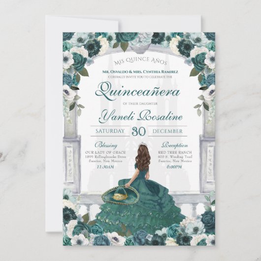 Emerald Green Charro Elegant Princess Quinceanera Kaart (Voorkant)
