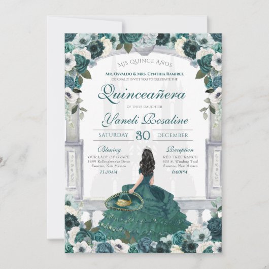 Emerald Green Charro Elegant Princess Quinceanera Kaart (Voorkant)