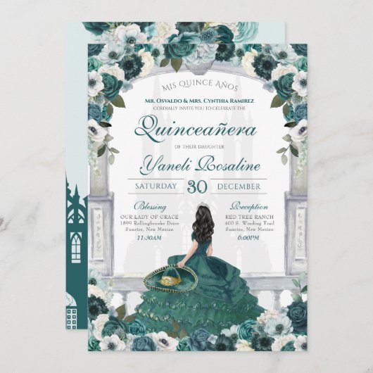 Emerald Green Charro Elegant Princess Quinceanera Kaart (Voorkant / Achterkant)