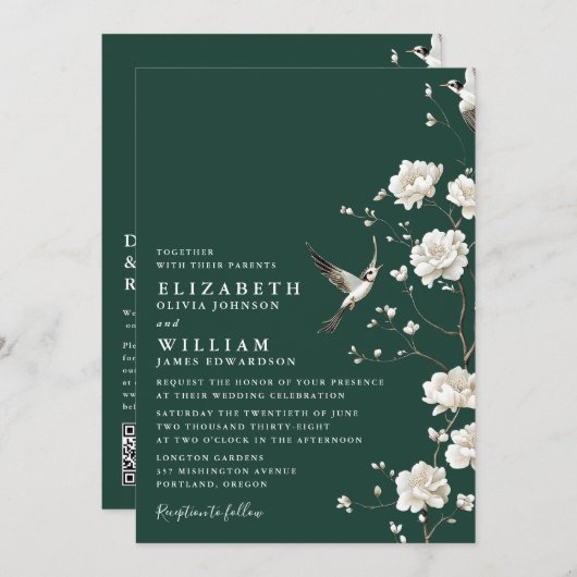 Emerald Green Chinoiserie Bloemen QR Code Huwelijk Kaart (Voorkant / Achterkant)