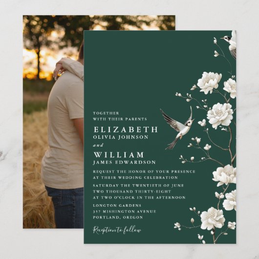 Emerald Green Chinoiserie Bloemen Trouwfoto Kaart (Voorkant / Achterkant)