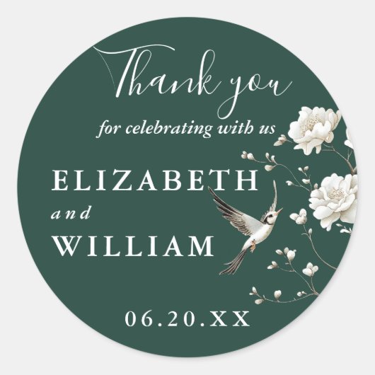 Emerald Green Chinoiserie Floral Wedding Bedankt Ronde Sticker (Voorkant)