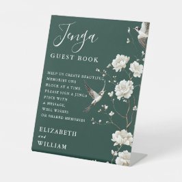 Emerald Green Chinoiserie Jenga Guest Book Trouwen Reclamebord Met Voetstuk