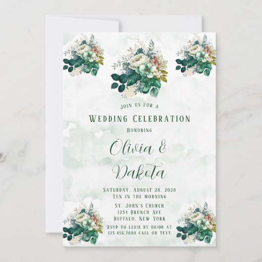 Emerald Green Cream Florals Wedding Celebration Kaart (Voorkant)