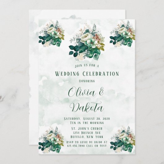 Emerald Green Cream Florals Wedding Celebration Kaart (Voorkant / Achterkant)