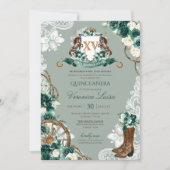Emerald Green Crest Western Charro Quinceanera Kaart (Voorkant)
