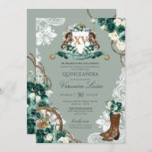 Emerald Green Crest Western Charro Quinceanera Kaart (Voorkant / Achterkant)