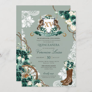Emerald Green Crest Western Charro Quinceanera Kaart
