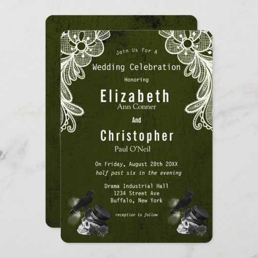 Emerald Green Crow Skull Rozen Gothic Wedding Kaart (Voorkant / Achterkant)