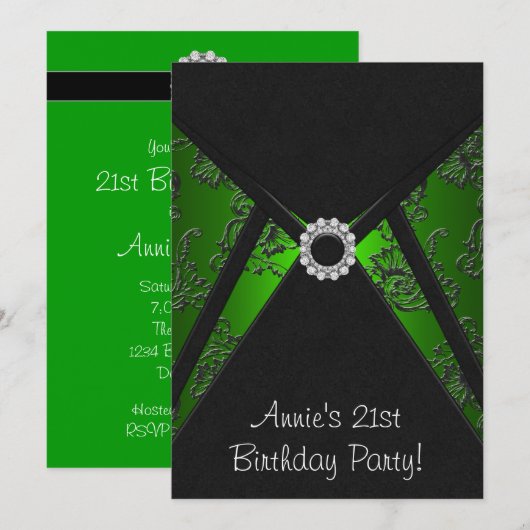 Emerald Green Damask 21e verjaardagsfeest uitnodig Kaart (Voorkant / Achterkant)