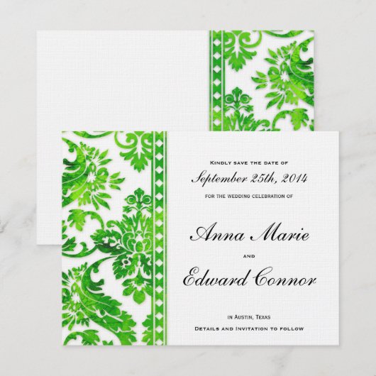 Emerald Green  Damask Lace Save the Date (Voorkant / Achterkant)