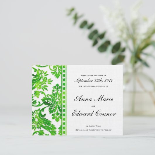 Emerald Green Damask Lace Save the Date (Staand voorkant)