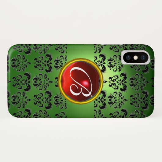 EMERALD GREEN DAMASK RED GEM MONOGRAM Case-Mate iPhone CASE (Achterkant (horizontaal))