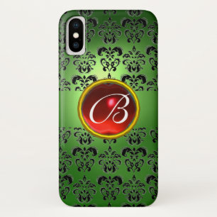 EMERALD GREEN DAMASK RED GEM MONOGRAM iPhone X HOESJE