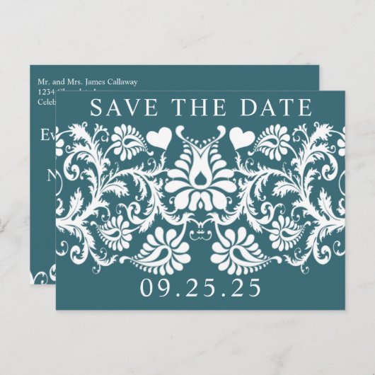Emerald Green Damask Save the Date Aankondigingskaart (Voorkant / Achterkant)