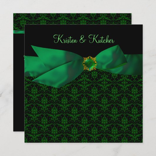 Emerald Green Damask Wedding Invitding Black Kaart (Voorkant / Achterkant)