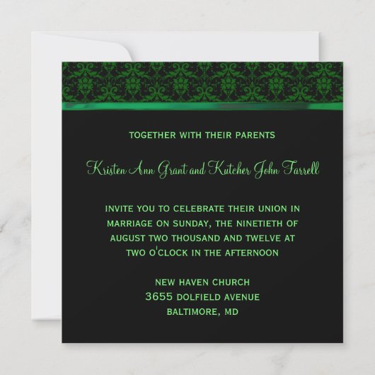 Emerald Green Damask Wedding Invitding Black Kaart (Achterkant)
