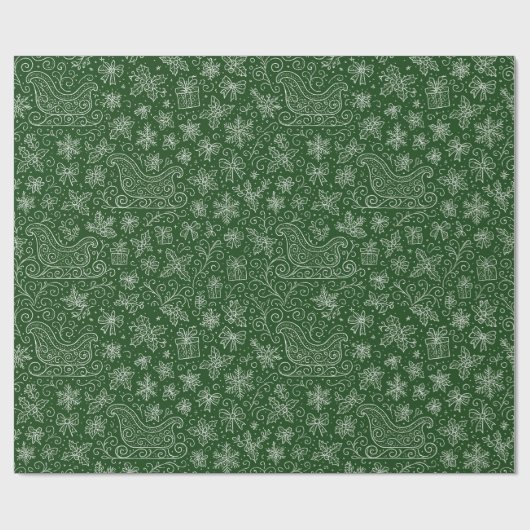 Emerald Green Doodle Christmas Sleigh Pattern Cadeaupapier (Vlak)
