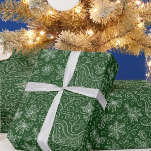 Emerald Green Doodle Christmas Sleigh Pattern Cadeaupapier