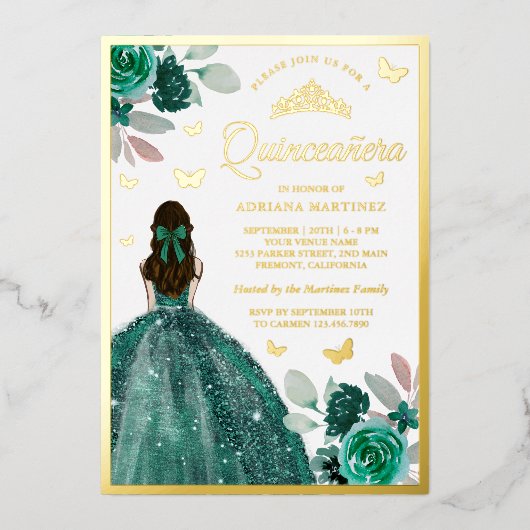 Emerald Green Dress Butterfly Quinceanera Gold Folie Uitnodiging (Voorkant)