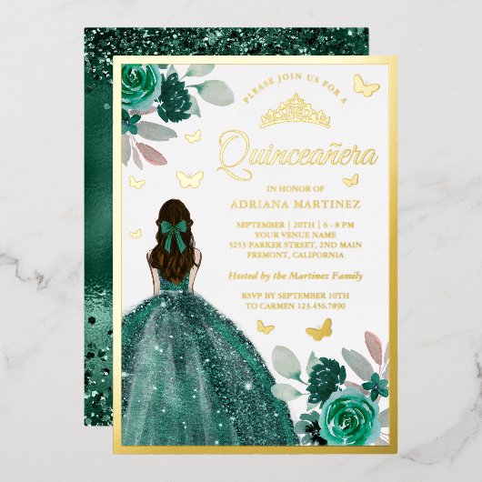 Emerald Green Dress Butterfly Quinceanera Gold Folie Uitnodiging (Voorkant / Achterkant)