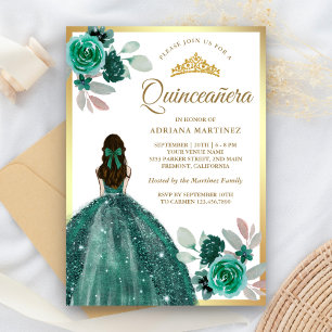 Emerald Green Dress Floral Gold Quinceanera Kaart