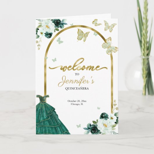Emerald Green Dress Floral Quinceanera Programs Programma (Voorkant)
