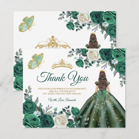 Emerald Green Dresses Quinceañera Gold Crown Bedankkaart (Voorkant / Achterkant)