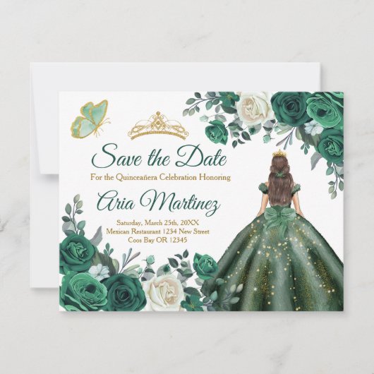 Emerald Green Dresses Quinceañera Save the Date Bedankkaart (Voorkant)